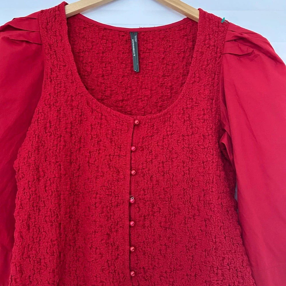 Anthropologie Red Textured Popcorn Knit Puff Sleeve Button Front Smocked Top L